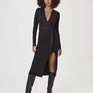 PAIGE Black Long-Sleeve Wrap Maxi Dress with Side Slit